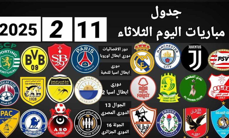 مباريات اليوم الثلاثاء11 فبراير 2025 والقنوات الناقله